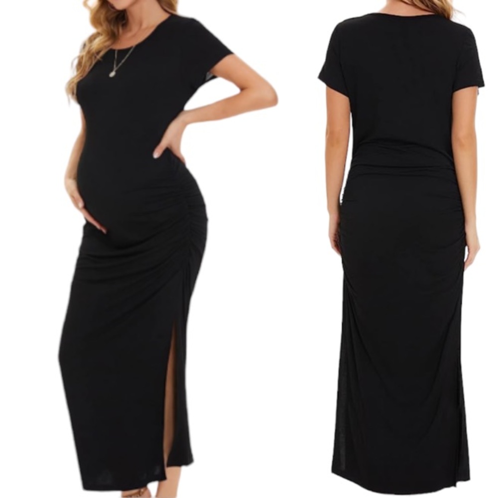 Black Maternity Maxi Dress with Side Ruched Slit